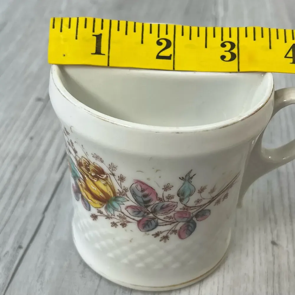 Vintage Textured White Multicolor Floral Accent Gold Trim Shaving Mug Cup Decor
